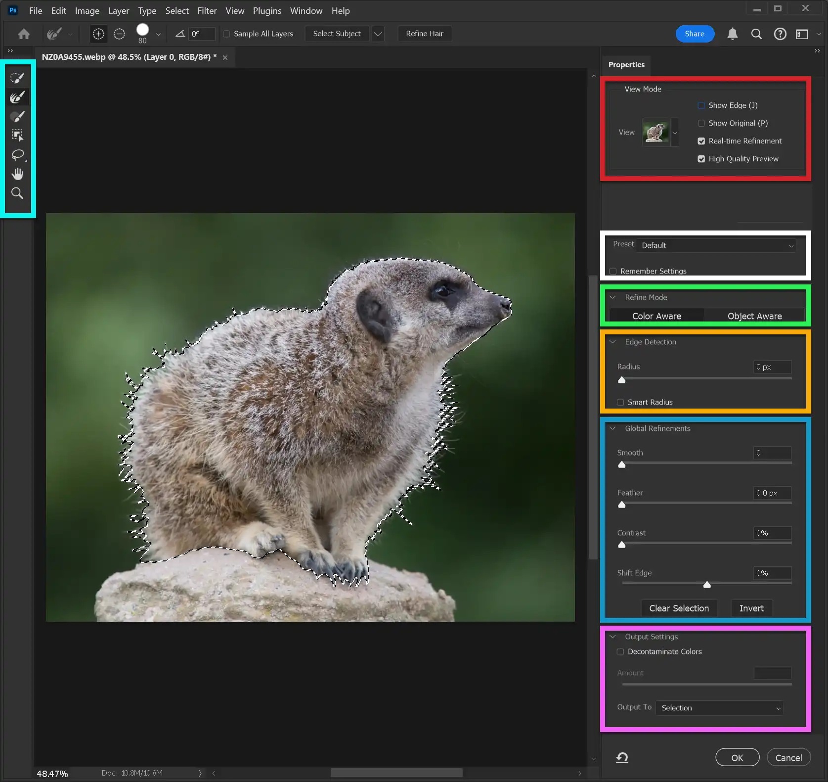 Рабочее пространство Select and Mask в Photoshop с параметрами уточнения края