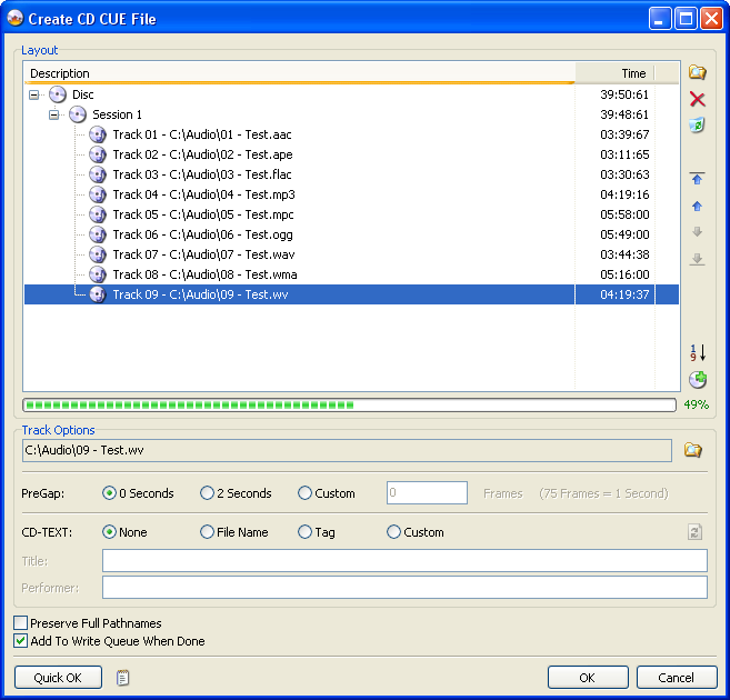 Окно Create CUE File в ImgBurn для создания Audio CD