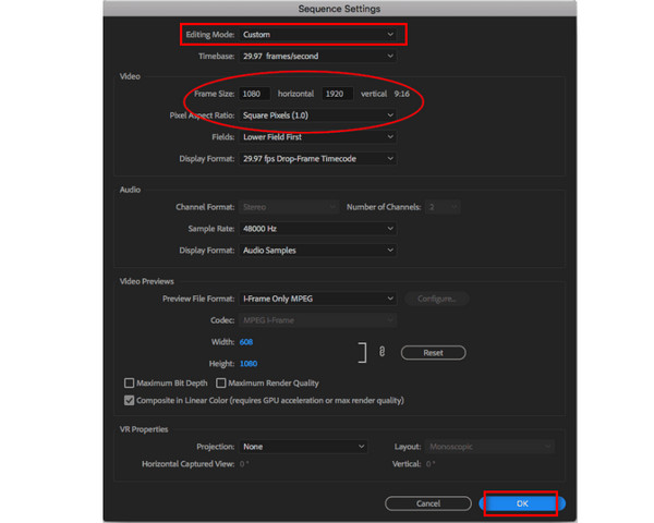 Настройки вертикальной секвенции 1080 на 1920 в Adobe Premiere Pro