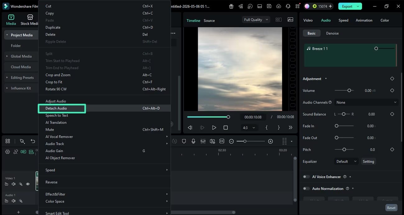 Filmora с контекстным меню Detach Audio на видеоклипе
