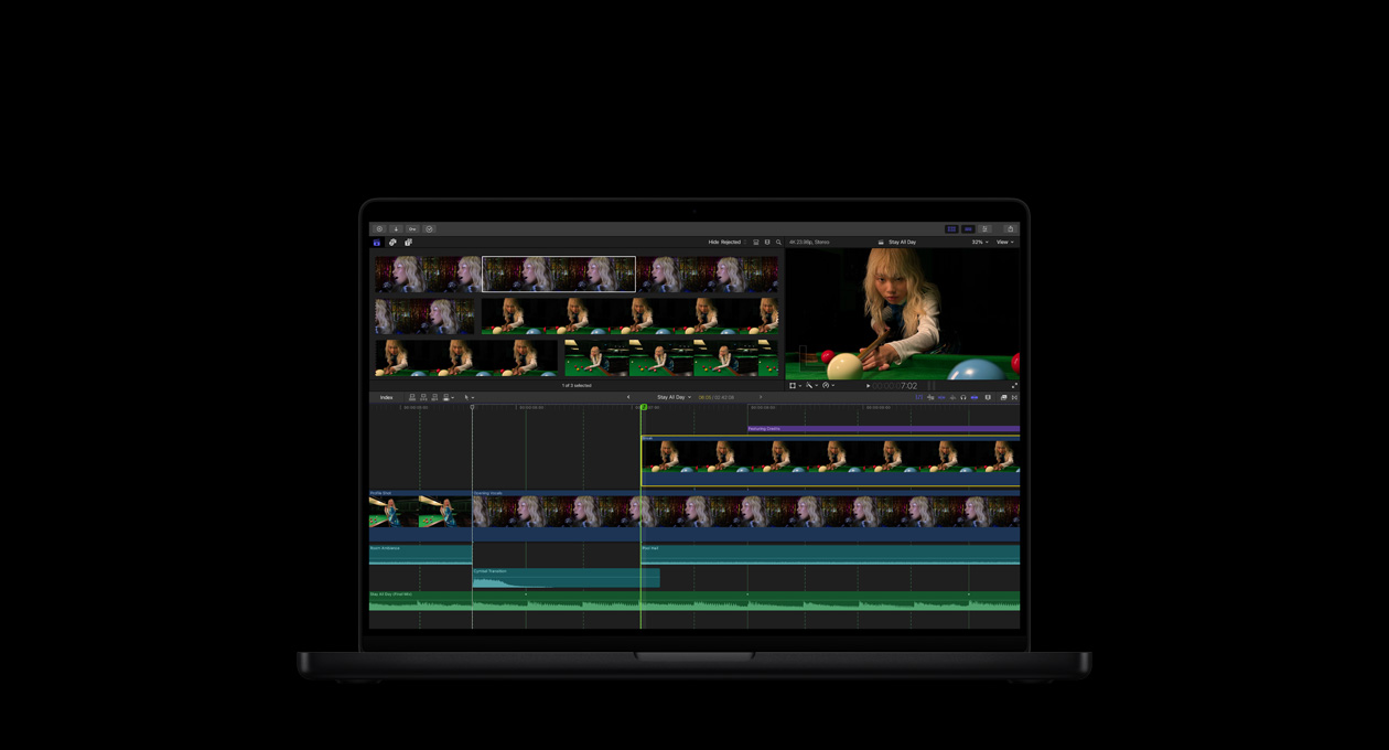 Интерфейс Final Cut Pro на Mac с окном просмотра и Magnetic Timeline