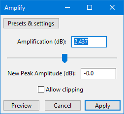 Диалог Amplify в Audacity с полем усиления в децибелах и новым пиковым уровнем
