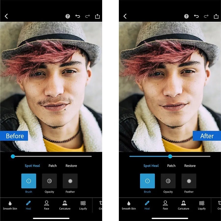 Photoshop Express с инструментом Spot Heal и параметрами кисти