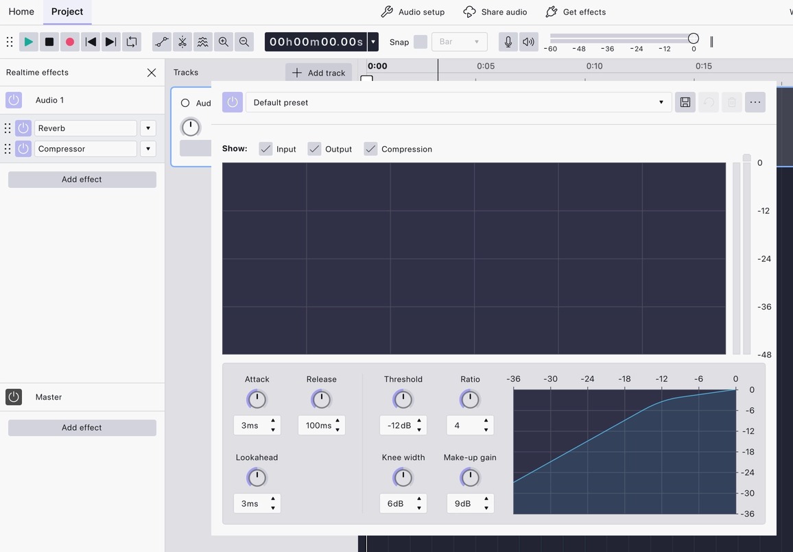 Окно Compressor в Audacity 4 с Attack, Release, Threshold, Ratio, Lookahead, Knee width и Make-up gain
