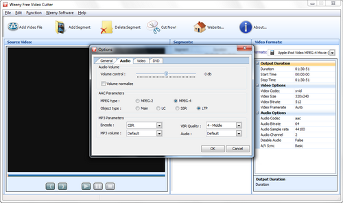 Настройки Audio в Weeny Free Video Cutter