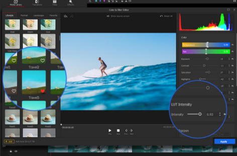 Color Editor VideoProc Vlogger с гистограммой, настройками цвета и библиотекой LUT