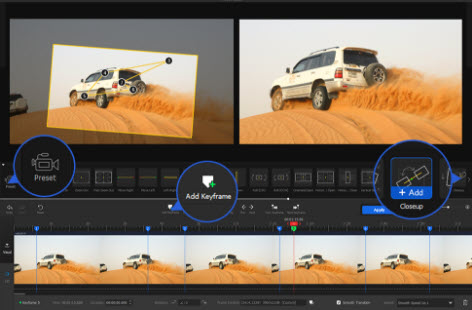 Motion Editor VideoProc Vlogger с ключевыми кадрами и областью кадрирования