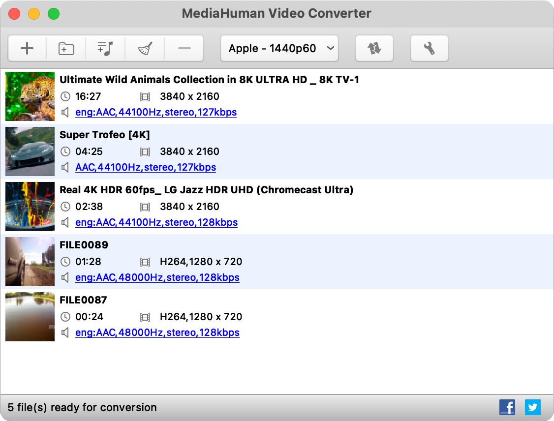 Главное окно MediaHuman Video Converter 2.4 в macOS с несколькими файлами 4K и профилем Apple 1440p60