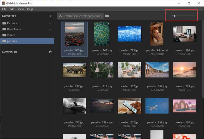 Режим миниатюр WidsMob Viewer Pro с ползунком размера превью