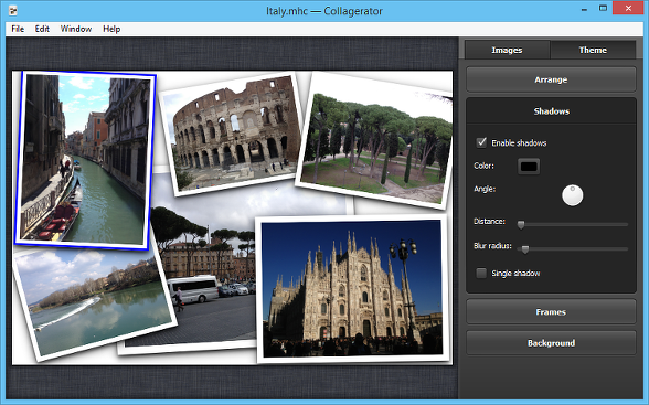 Версия Collagerator для Windows с вкладкой Theme и настройками теней, рамок и фона
