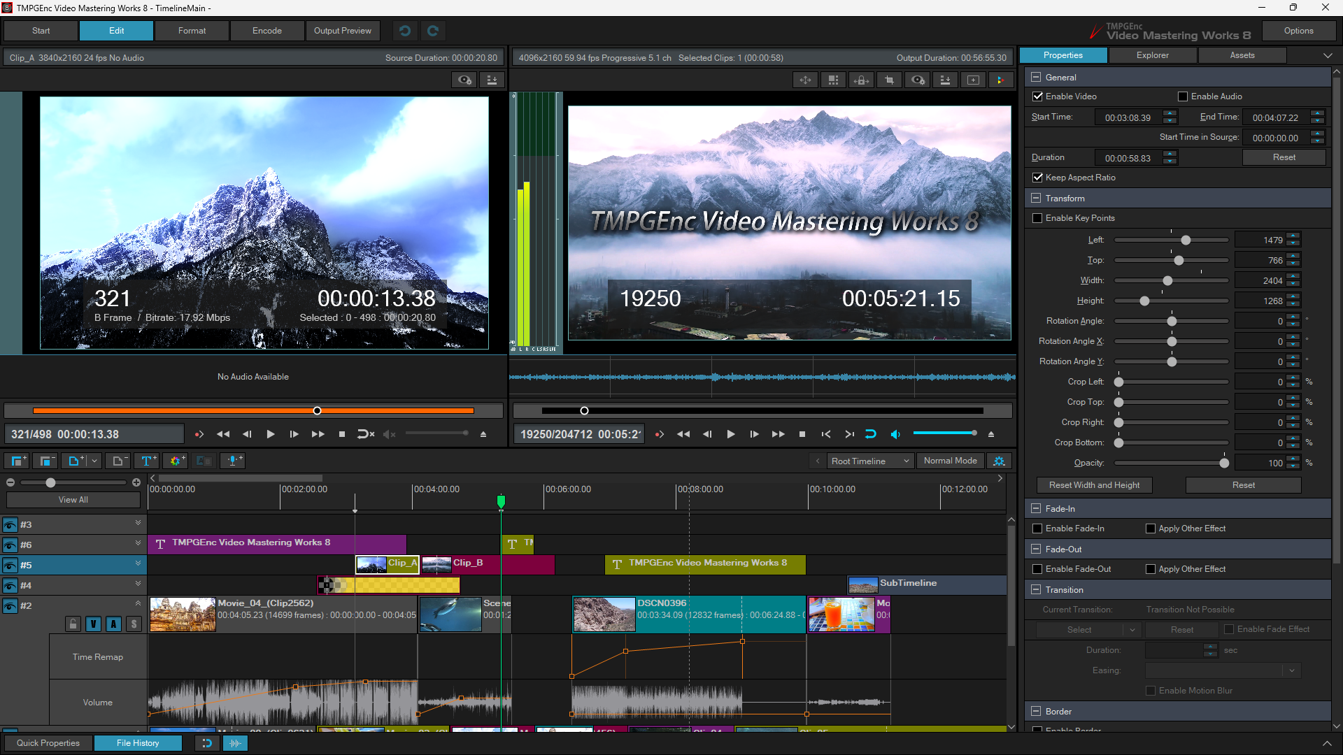 Timeline Mode в TMPGEnc Video Mastering Works 8 с многослойной временной шкалой
