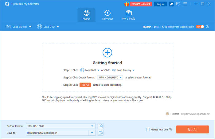 Главное окно Tipard Blu-ray Converter с вкладками Ripper, Converter и More Tools