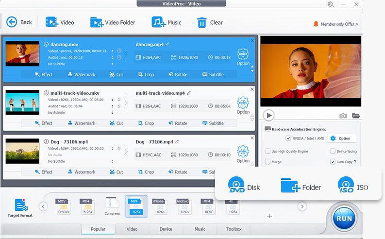 Окно Video Converter в VideoProc Converter AI со списком файлов и профилями экспорта