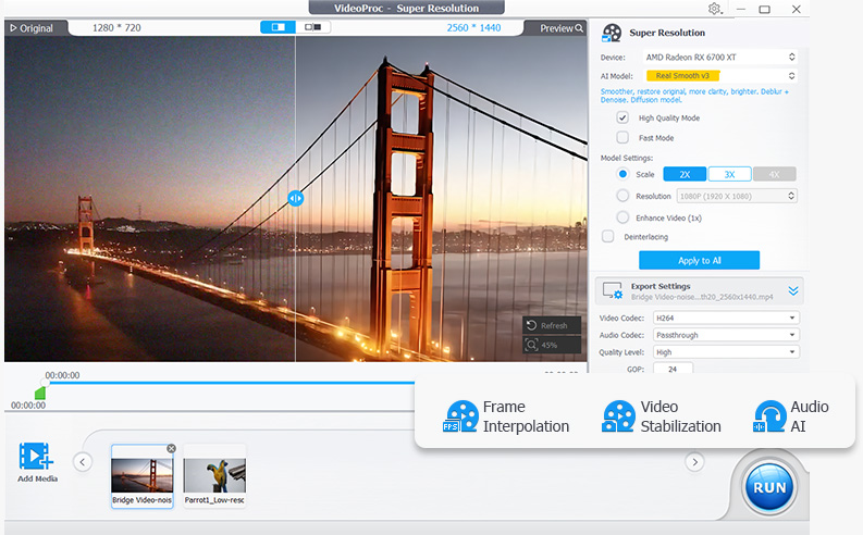 Интерфейс Super Resolution в VideoProc Converter AI с выбором модели и масштаба
