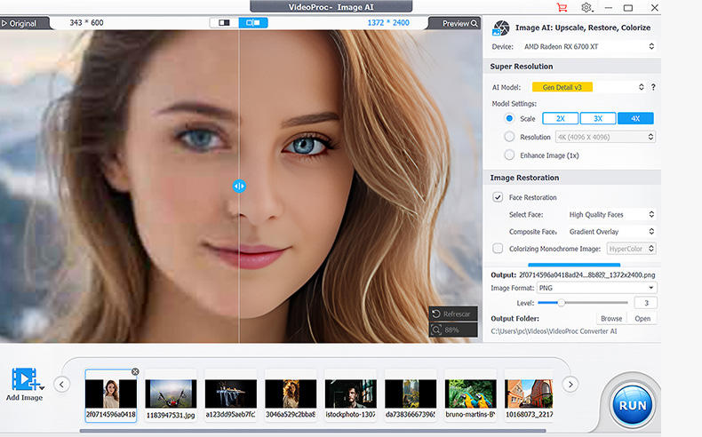 Интерфейс Image AI в VideoProc Converter AI с восстановлением лица и увеличением изображения