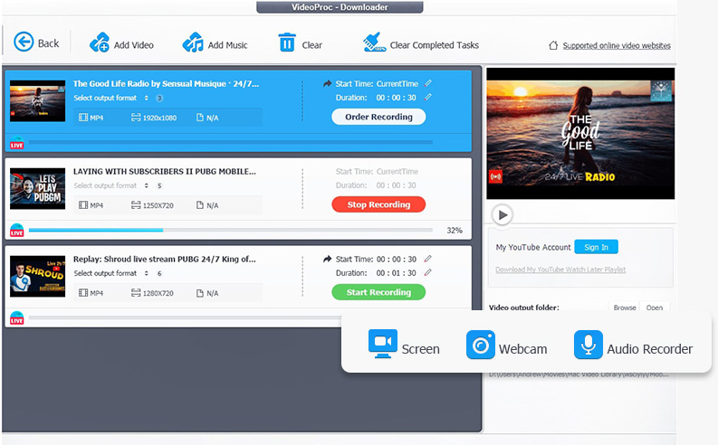 Окно Downloader VideoProc Converter AI и режимы записи экрана, веб-камеры и аудио