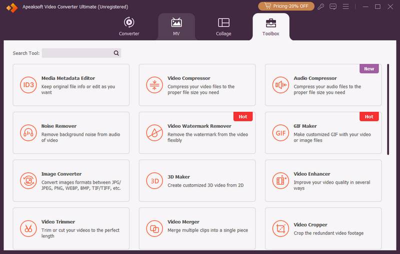 Панель Toolbox Apeaksoft Video Converter Ultimate с компрессором, улучшением видео, GIF Maker и другими инструментами