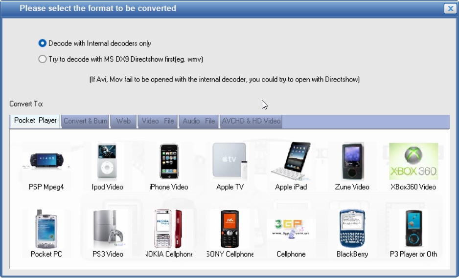 Окно выбора выходного профиля E.M. Total Video Converter 3.71 с устройствами PSP, iPhone, iPad и Xbox 360