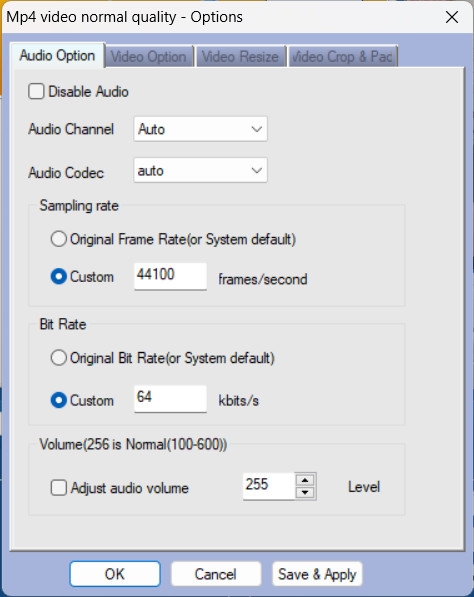 Окно настроек профиля E.M. Total Video Converter с аудиокодеком, частотой дискретизации, битрейтом и громкостью