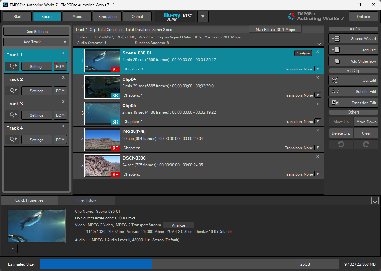 Экран Source в TMPGEnc Authoring Works 7 со списком треков и клипов