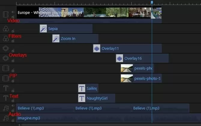 Несколько дорожек BeeCut для видео, текста, звука, фильтров и PIP