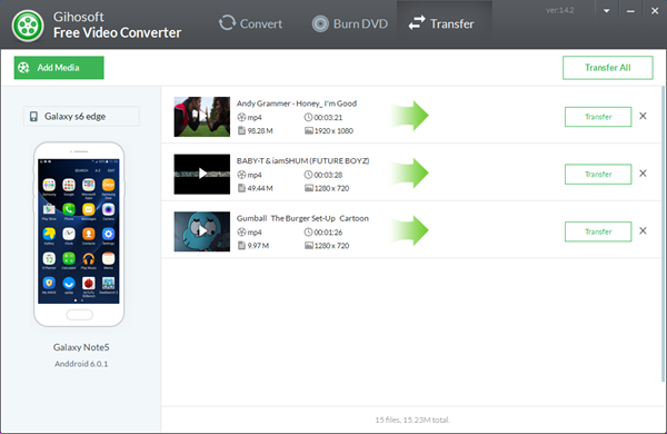 Вкладка Transfer в Gihosoft Free Video Converter с подключённым Android-устройством