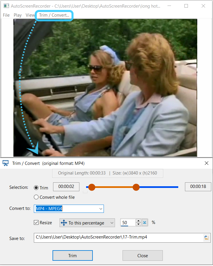 Окно Trim Convert AutoScreenRecorder 5 с выбором диапазона, формата и изменения размера