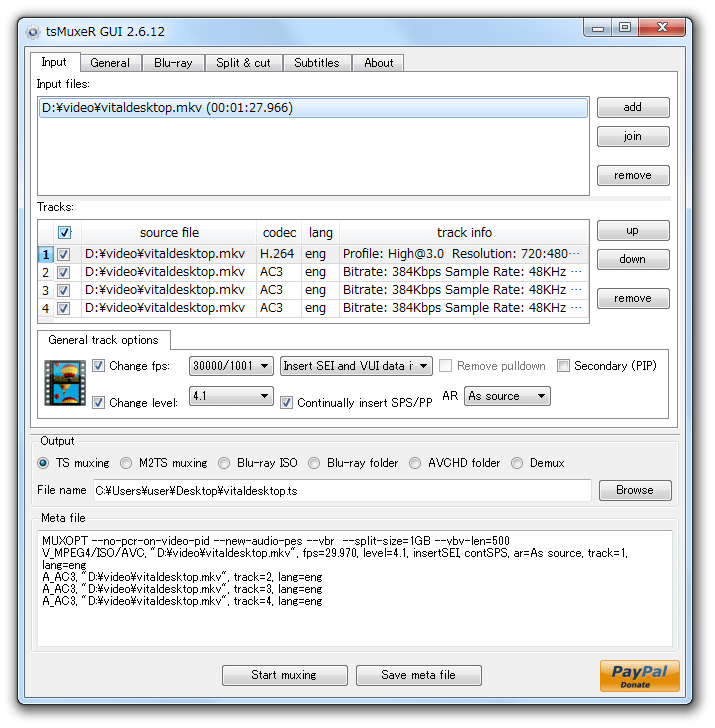 Архивный интерфейс tsMuxeR GUI 2.6.12: список исходников, таблица дорожек, параметры видео и область результата