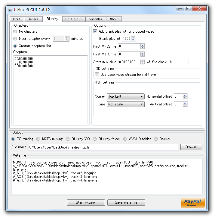 Архивная вкладка Blu-ray в tsMuxeR GUI 2.6.12: настройка автоматических глав и списка временных отметок