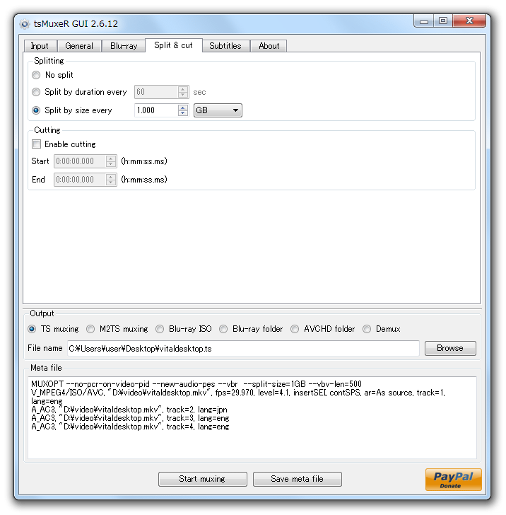 Вкладка Split and cut в tsMuxeR GUI 2.6.12 с настройками разделения по размеру и временной обрезки