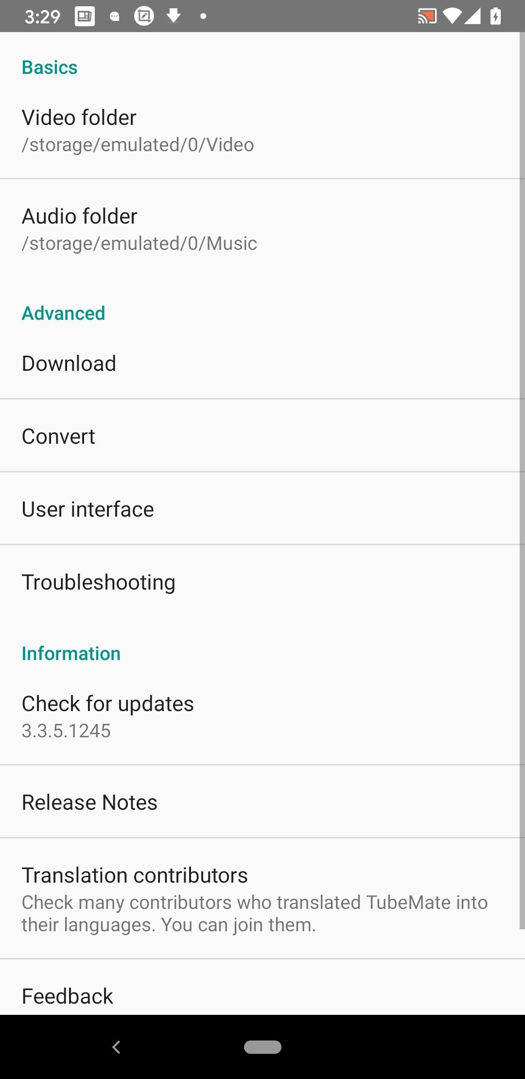 Экран настроек TubeMate 3 с папками Video и Audio и разделами Download, Convert и Troubleshooting