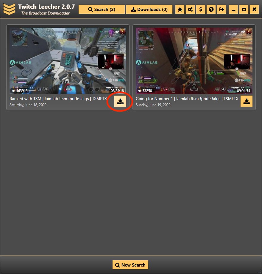 Карточки найденных Twitch VOD в Twitch Leecher 2.0.7 с миниатюрами и кнопками загрузки