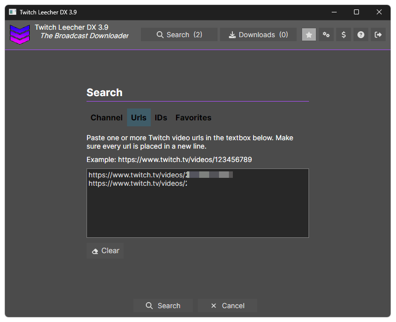 Вкладка Urls в Twitch Leecher DX 3.9 с несколькими адресами Twitch VOD
