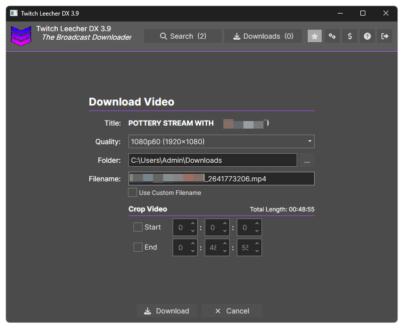 Окно Download Video в Twitch Leecher DX 3.9 с выбором 1080p60, папки и обрезки