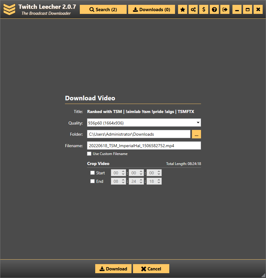 Форма Download Video в Twitch Leecher 2.0.7 с выбором качества, папки, имени и диапазона Crop Video