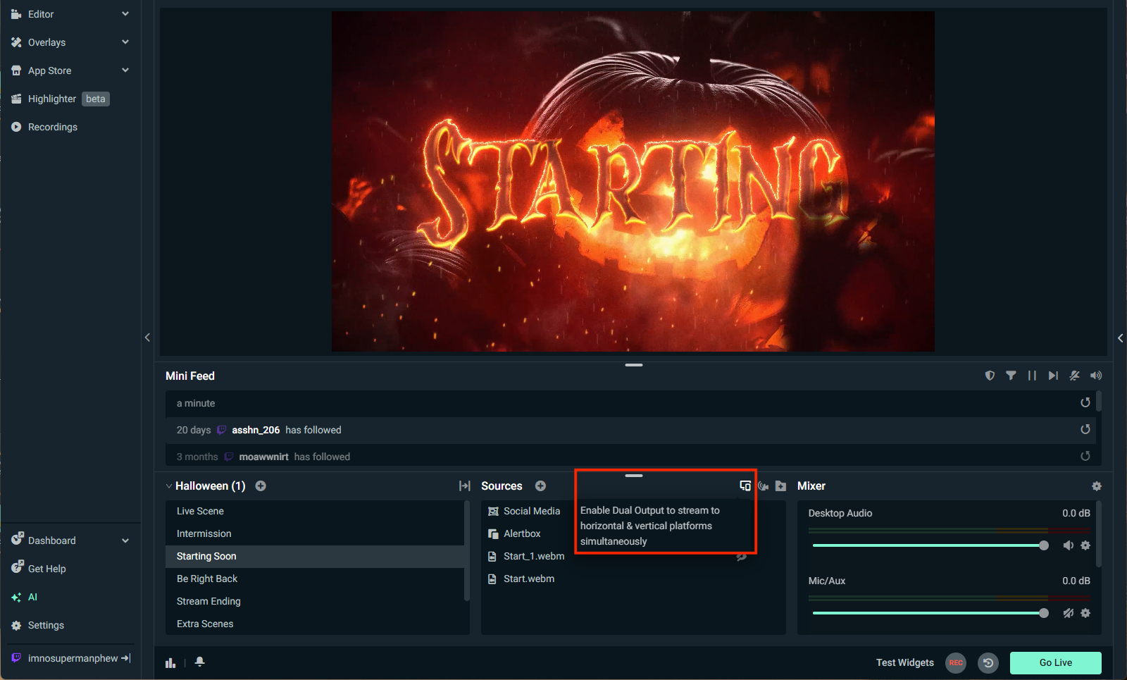 Главное окно Streamlabs Desktop с предпросмотром, сценами, источниками и аудиомикшером