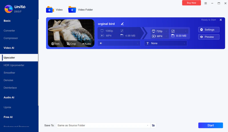 Рабочее окно UniFab Video Upscaler с карточкой видео, настройками, Preview и Start