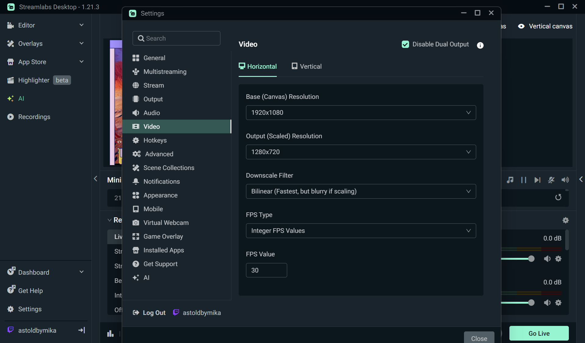 Настройки Streamlabs Desktop Dual Output с горизонтальным и вертикальным холстами, разрешением и FPS