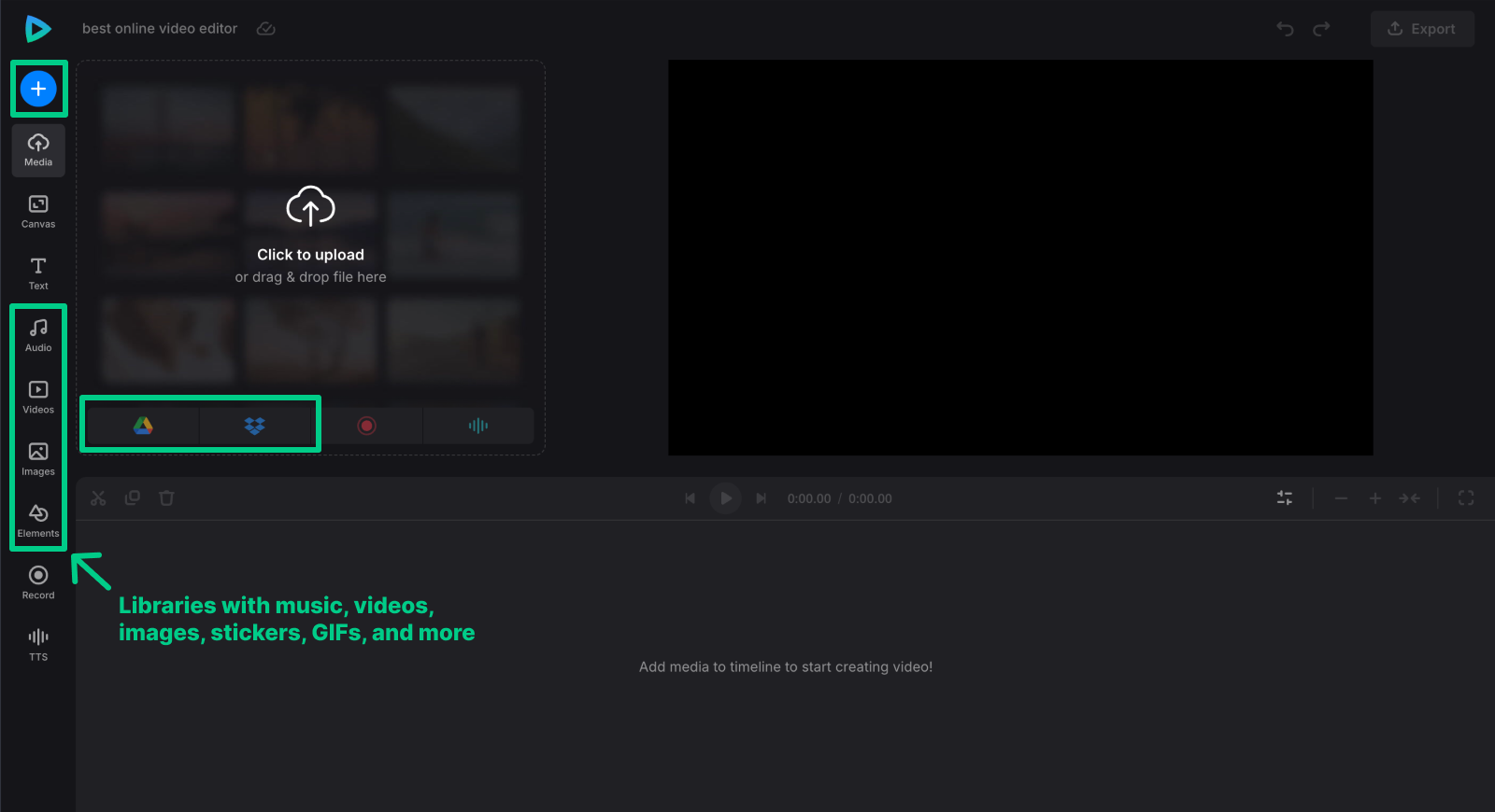Интерфейс Clideo Video Editor с боковой панелью, холстом и пустой временной шкалой