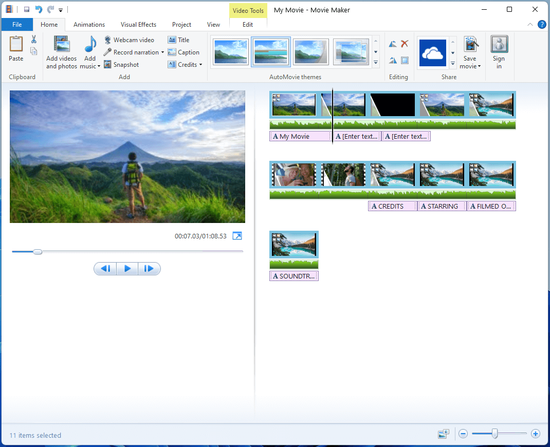 Главное окно Movie Maker 2012 с лентой Home, окном предпросмотра и раскадровкой проекта