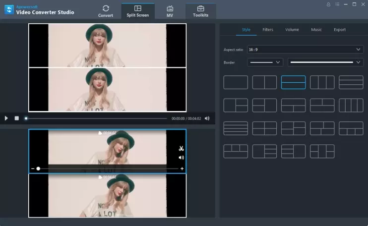 Модуль Split Screen в Apowersoft Video Converter Studio с шаблонами размещения нескольких видео