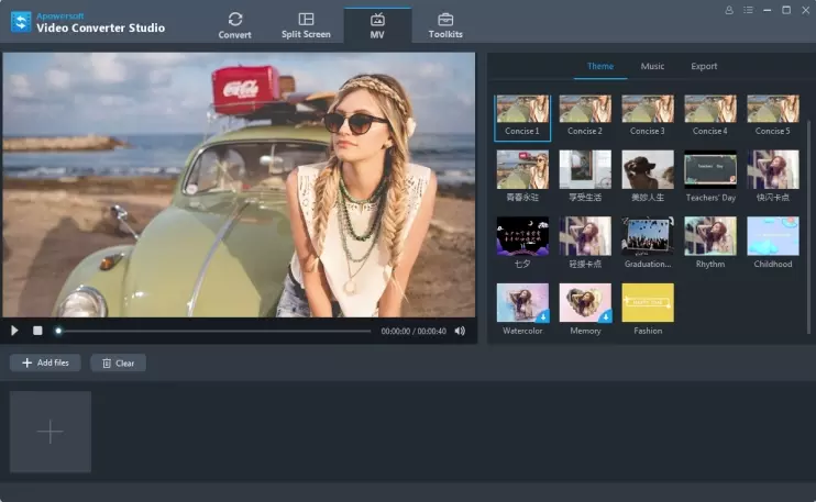 MV Maker в Apowersoft Video Converter Studio с темами, предпросмотром и списком добавленных материалов