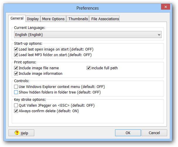 Окно Preferences Vallen JPegger с вкладками General, Display, More Options, Thumbnails и File Associations
