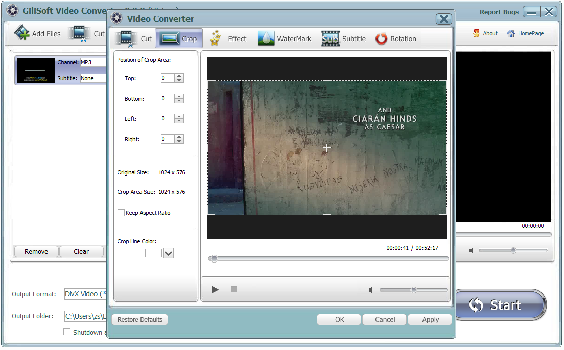 Окно кадрирования видео в GiliSoft Video Converter Classic