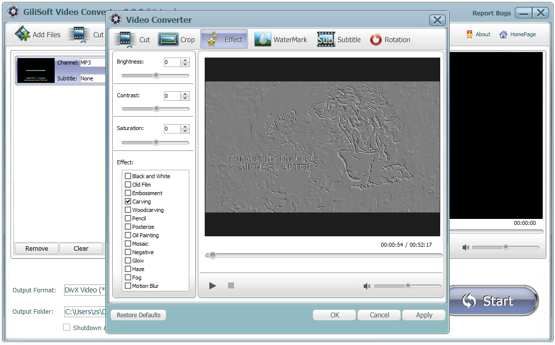 Окно Effect в GiliSoft Video Converter Classic с настройками яркости и визуальных эффектов