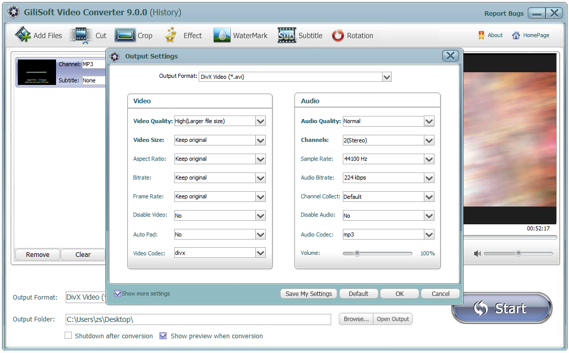 Окно Output Settings в GiliSoft Video Converter с настройками качества, размера кадра, битрейта, кодеков и аудио