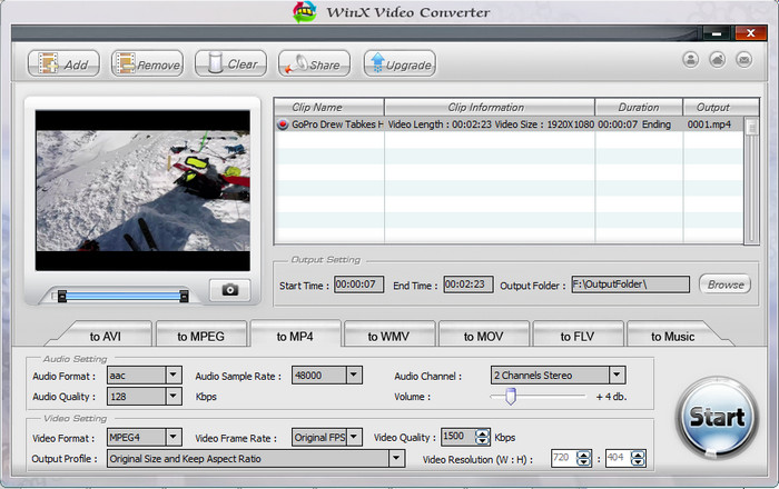 Главное окно WinX Video Converter со списком клипов, предпросмотром и параметрами вывода