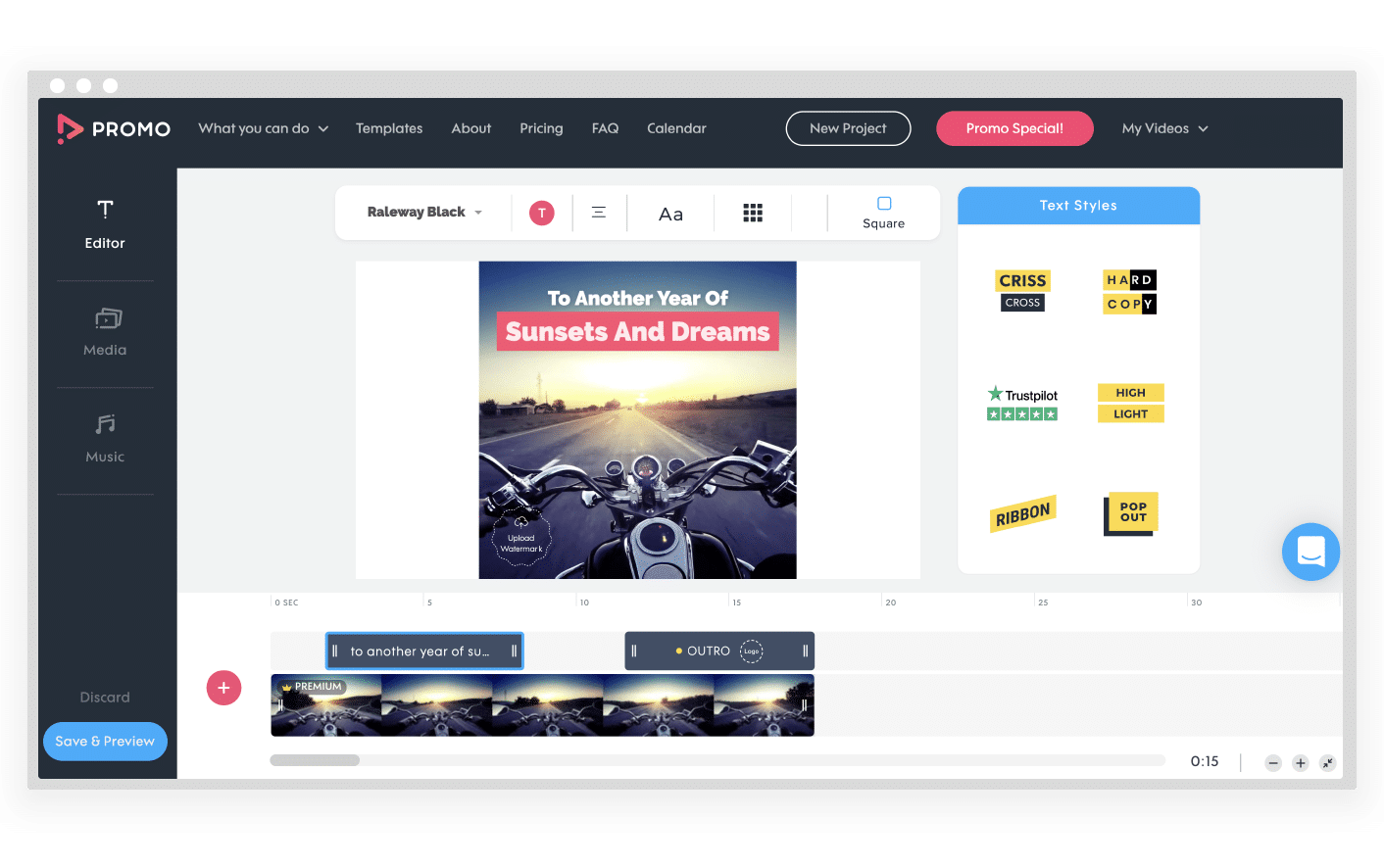 Интерфейс классического редактора Promo.com с квадратным видео, текстовыми стилями и таймлайном