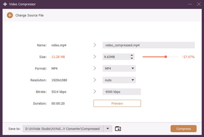 Video Compressor в AVAide Video Converter с выбором размера, формата, разрешения и битрейта
