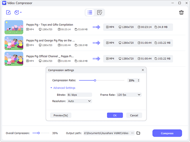 Video Compressor Joyoshare VidiKit с очередью файлов и настройкой коэффициента сжатия